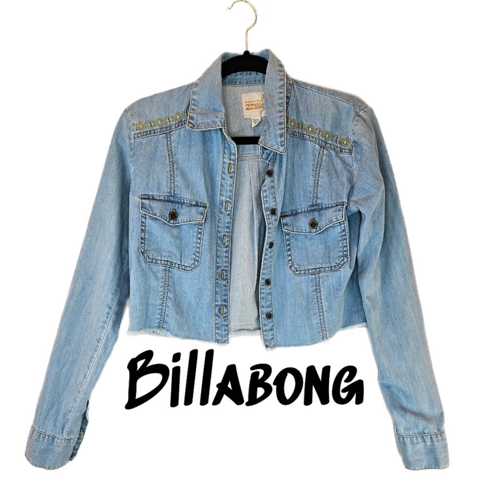 Billabong Womens Blue Cropped Denim Shacket Embroidered Sz S Boho Festival